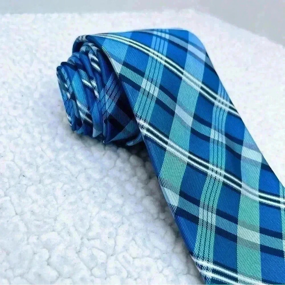 Nautica Blue & White Checkered Plaid Mens 100% Silk Necktie - Picture 2 of 10